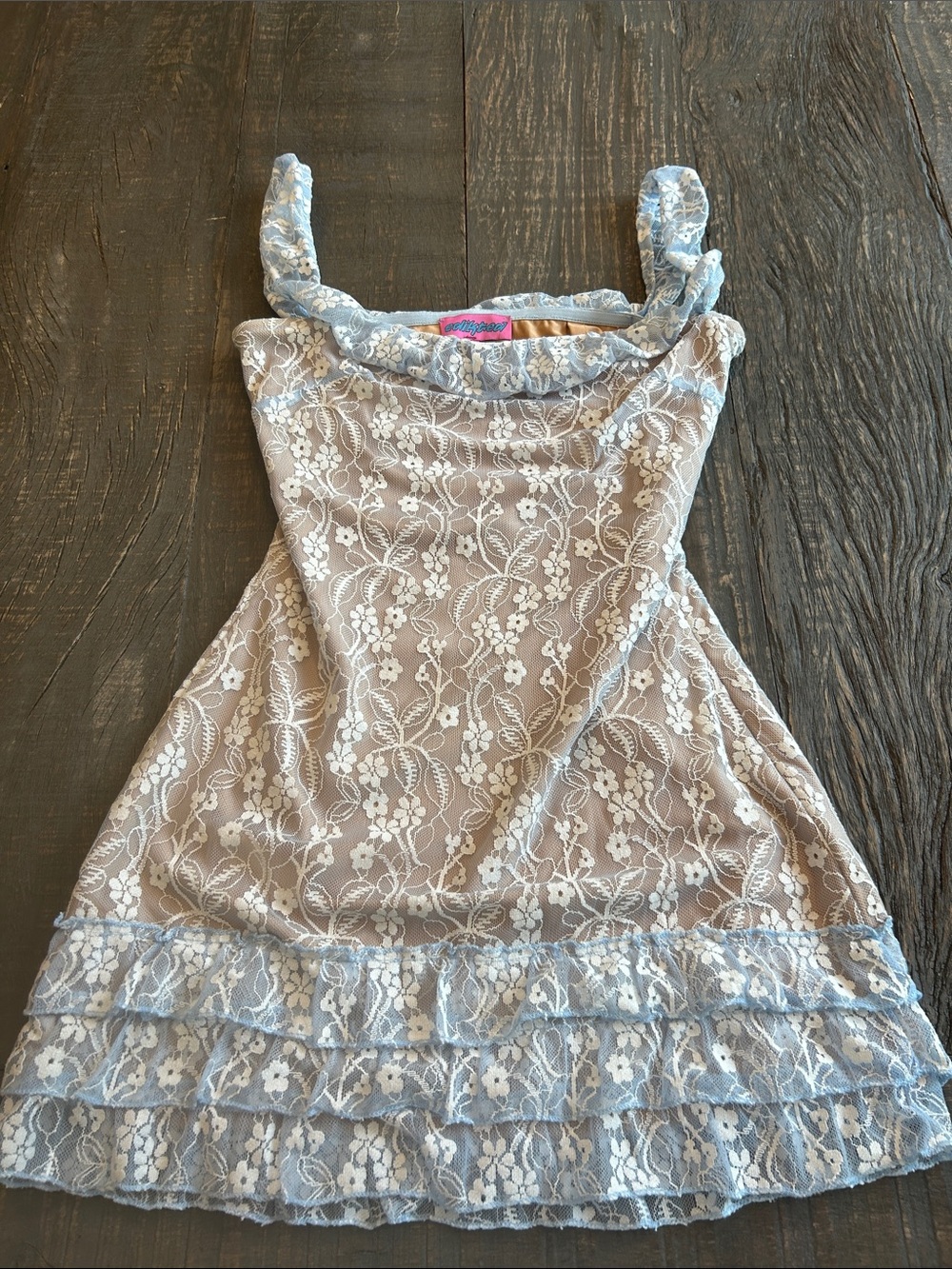 Edikted Blue Lace Trim Dress with Beige Lining